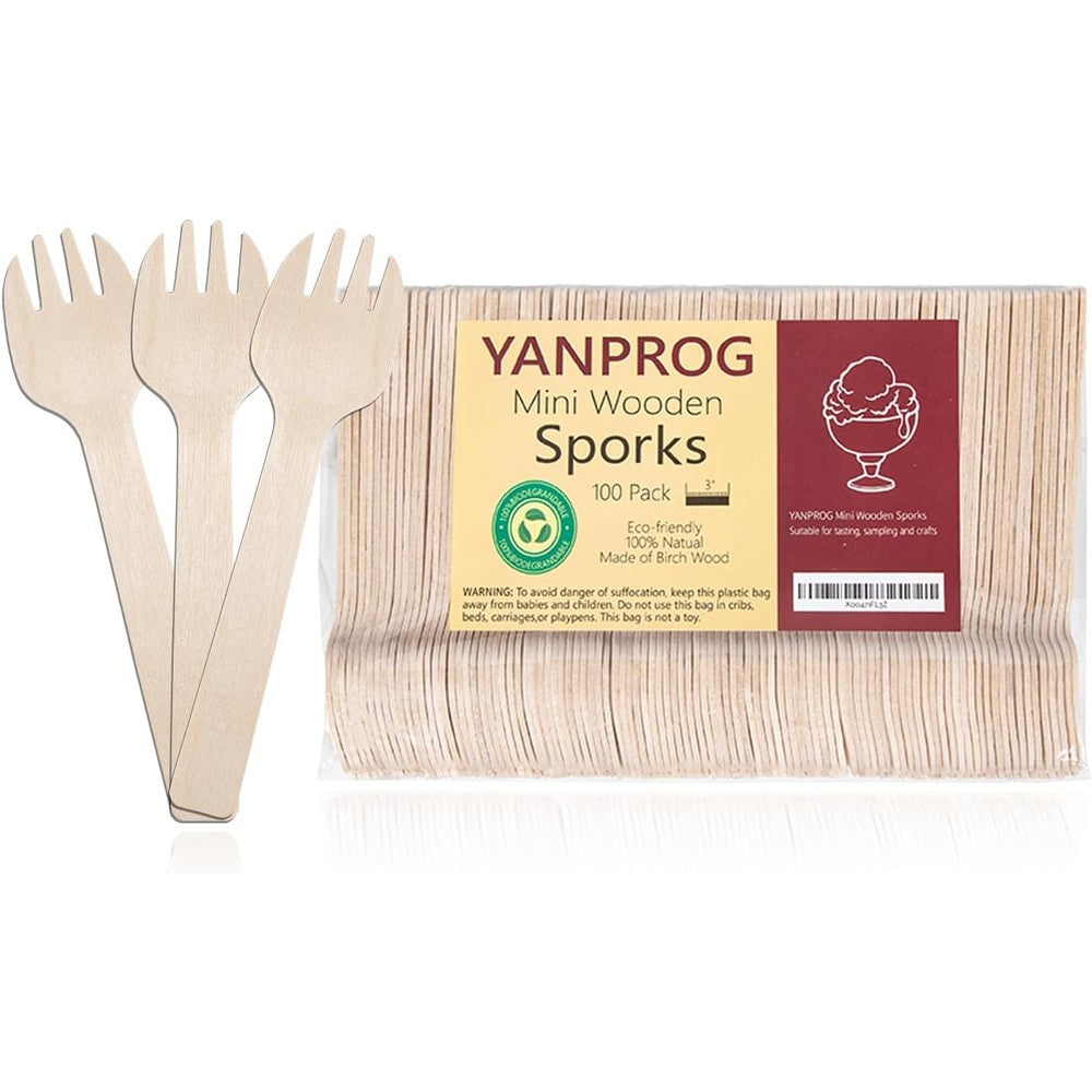 YANPROG mini wooden sporks front view pack of 100 pieces