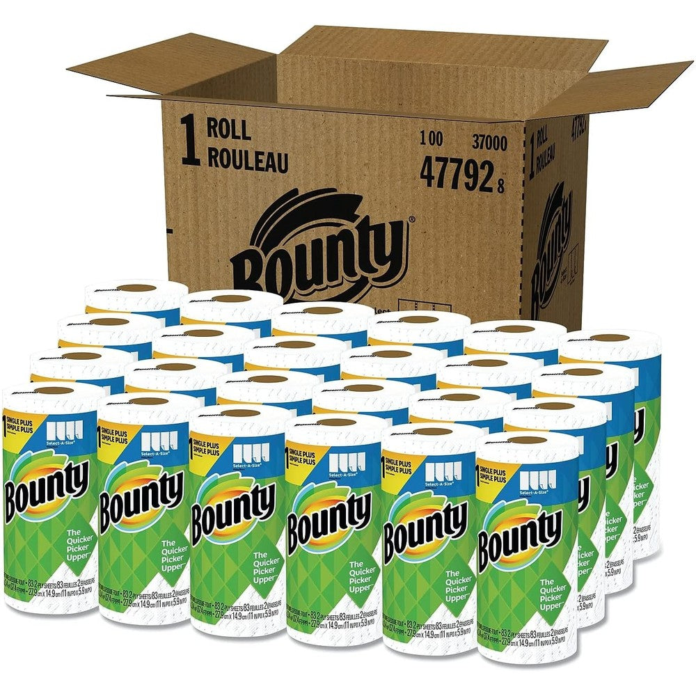 Bounty Select-A-Size Two Ply White Paper Towels twenty four roll carton front view displaying highly absorbent cleaning sheets.