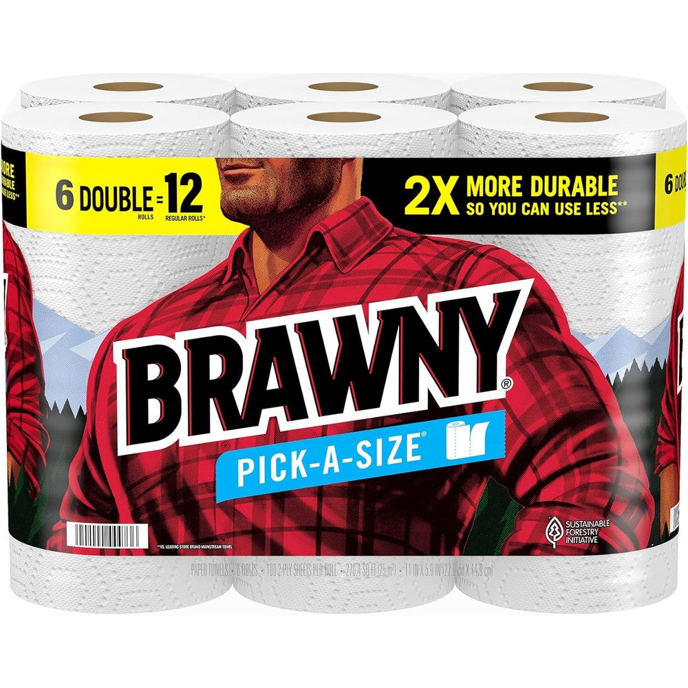 Brawny Pick-A-Size Paper Towels 6 Double Rolls package front view showing strong 2-ply sheets.