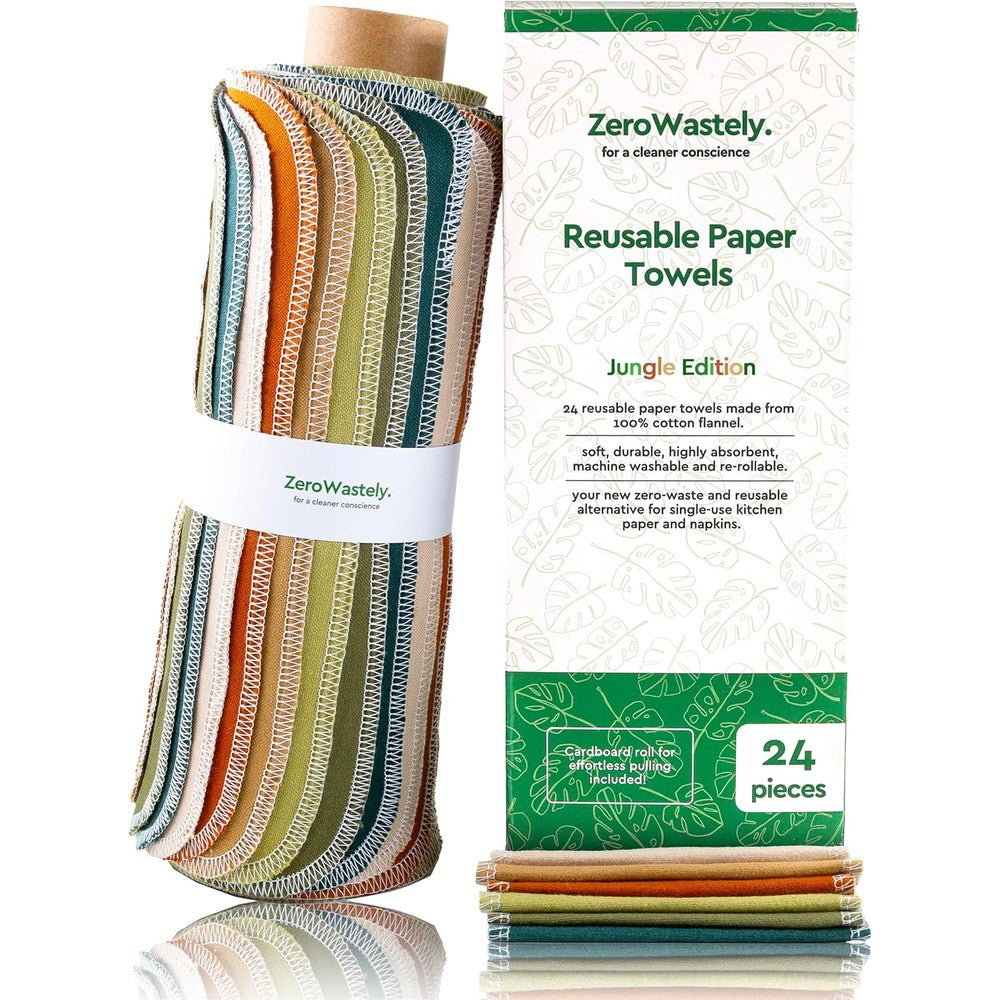 ZeroWastely Reusable Paper Towels Jungle Edition front view of the twenty-four piece roll pack.