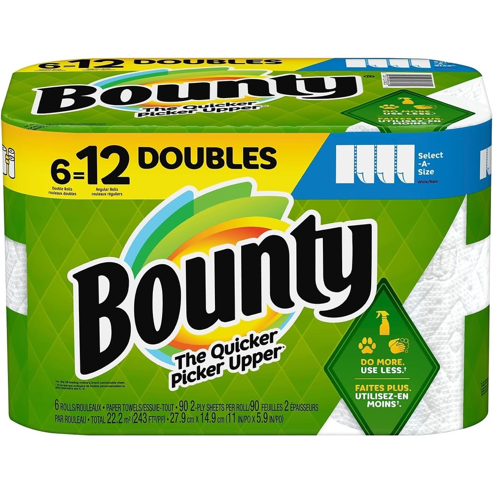 Bounty Select-A-Size Kitchen Rolls Paper Towels 6 pack front view highlighting 2-ply absorbency.