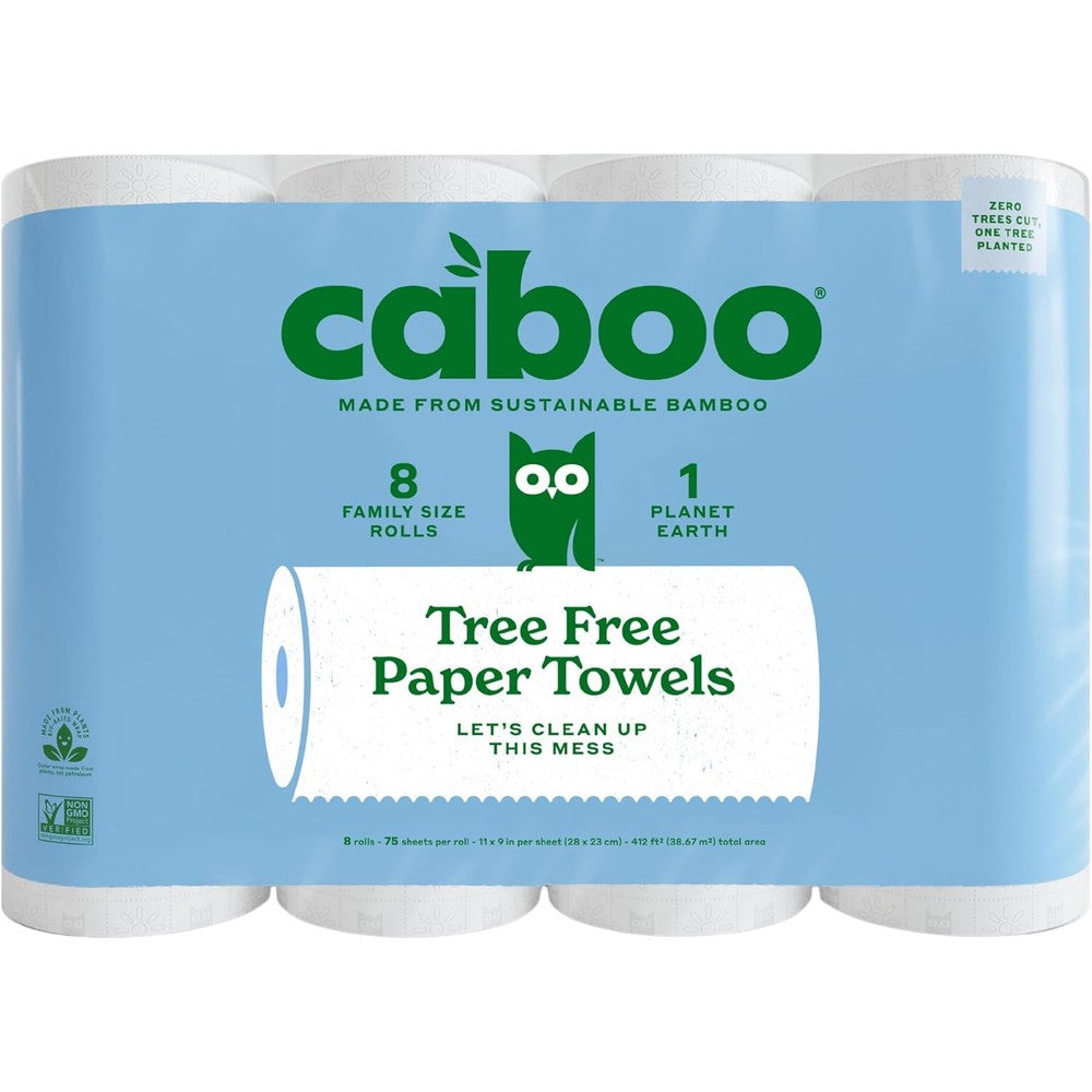 Caboo Tree Free Bamboo Paper Towels eight rolls pack front view showing eco friendly kitchen towels.