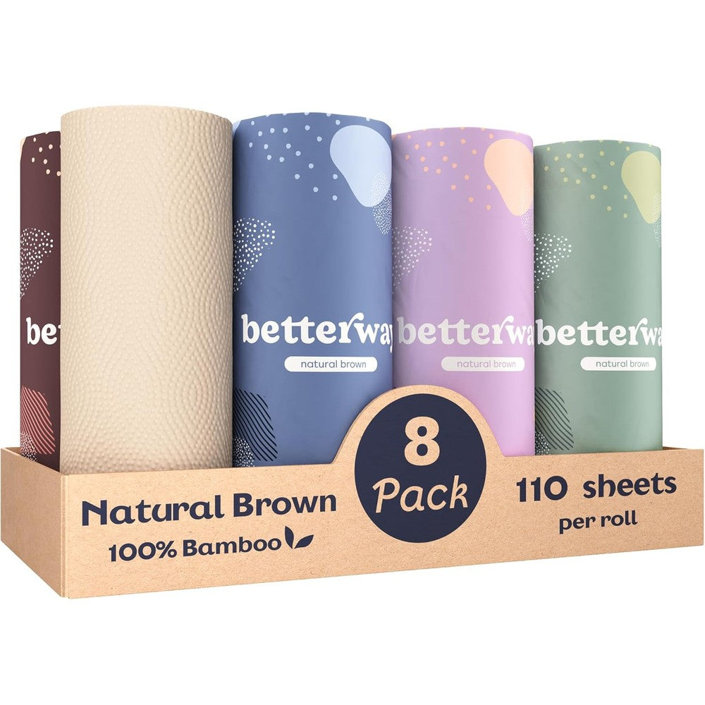 Betterway Bamboo Natural Brown Paper Towels eight pack front view eco friendly kitchen rolls