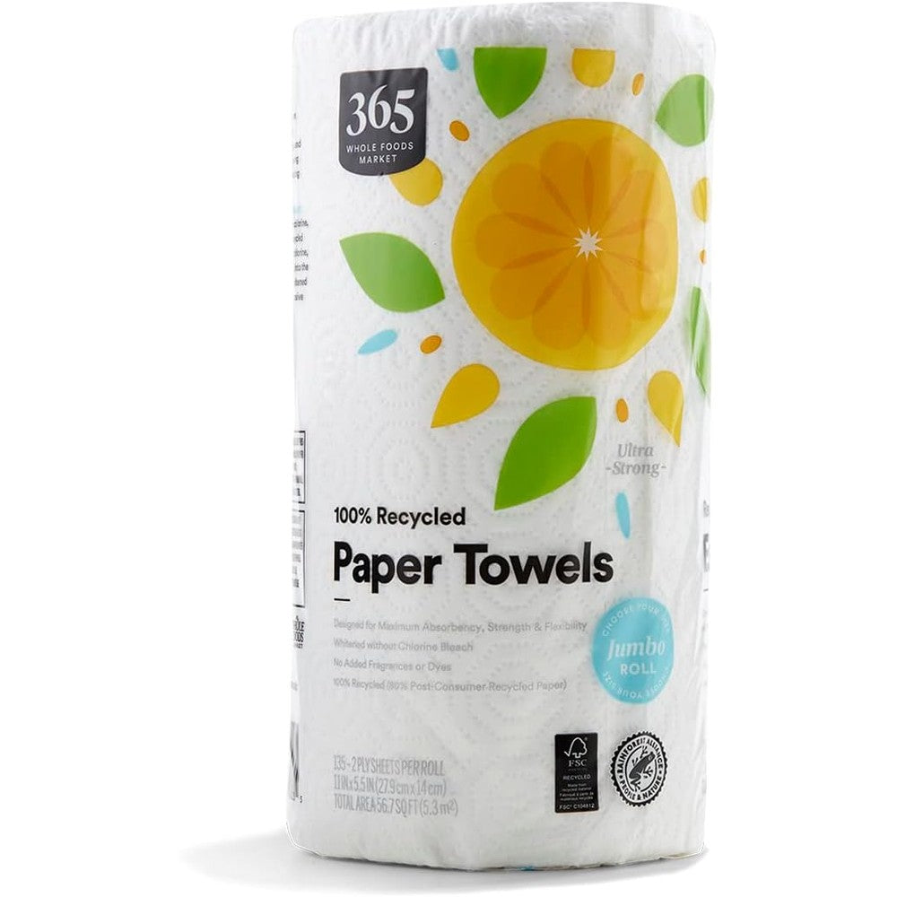 365 by Whole Foods Market 100% Recycled Jumbo Paper Towels front view of single roll kitchen essential