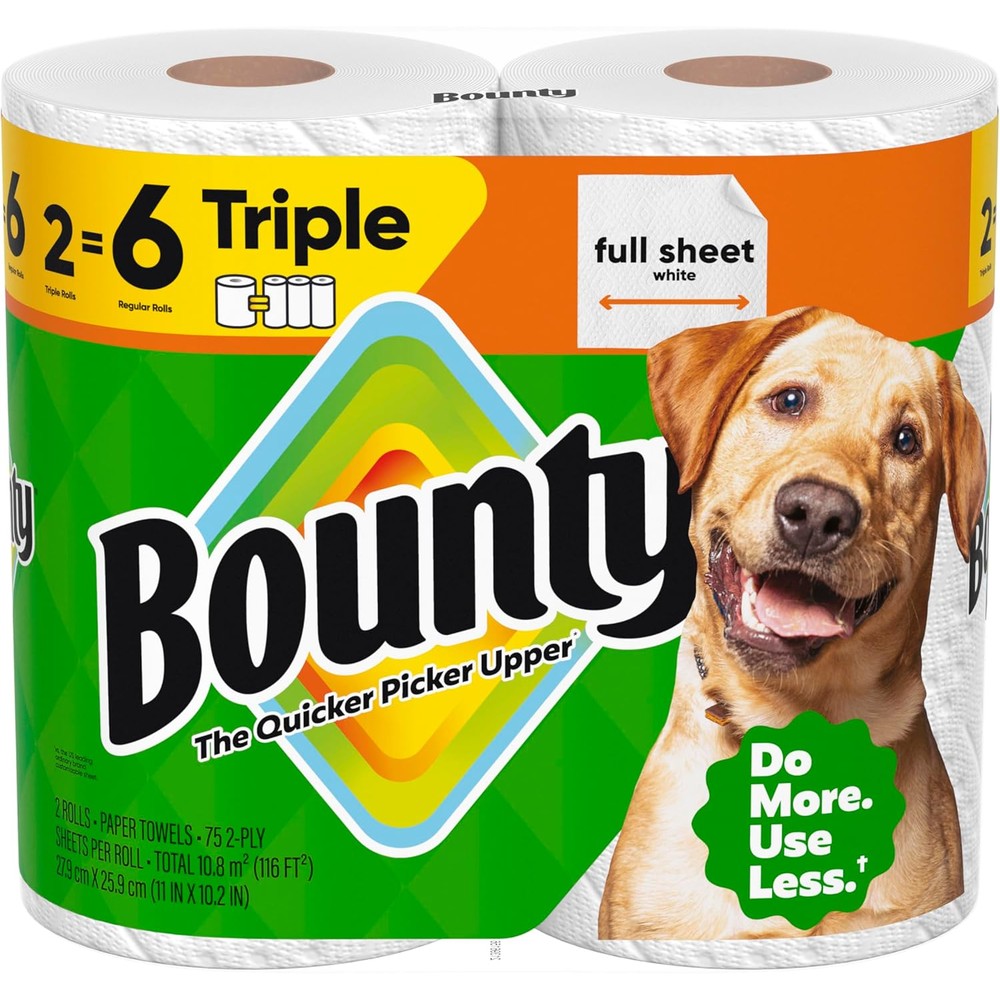 Bounty Full Sheet Paper Towels White 2 Triple Rolls front view packaging
