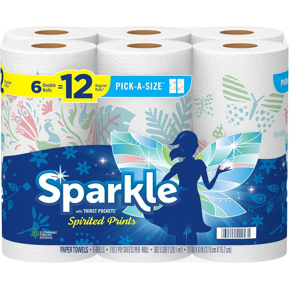 Sparkle Pick-A-Size Spirited Prints Paper Towels front view packaging showcasing six double rolls of strong absorbent kitchen towels.
