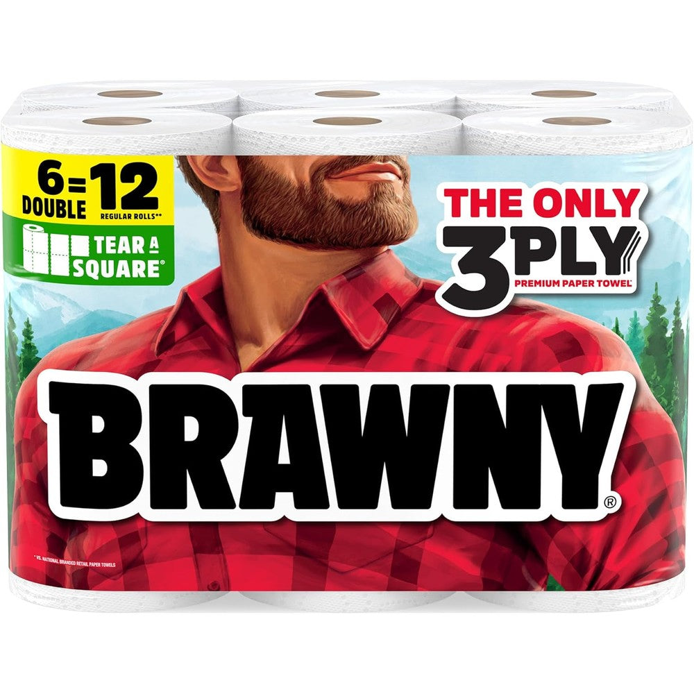 Brawny Tear-A-Square 3-Ply Paper Towels 6 Double Rolls front view showcasing customizable sheet sizing packaging.