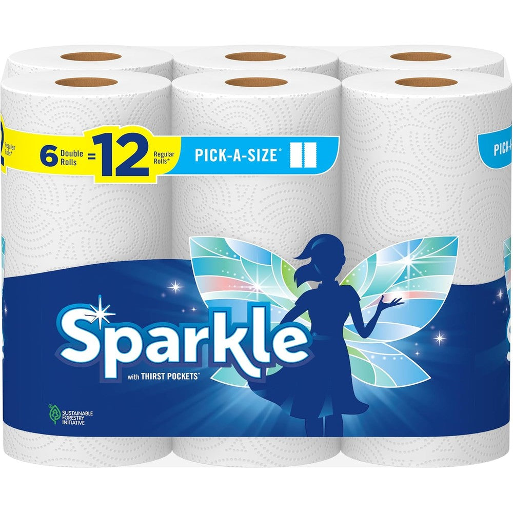 Sparkle Pick-A-Size Paper Towels 6 Double Rolls pack front view showing white two-ply kitchen paper rolls.