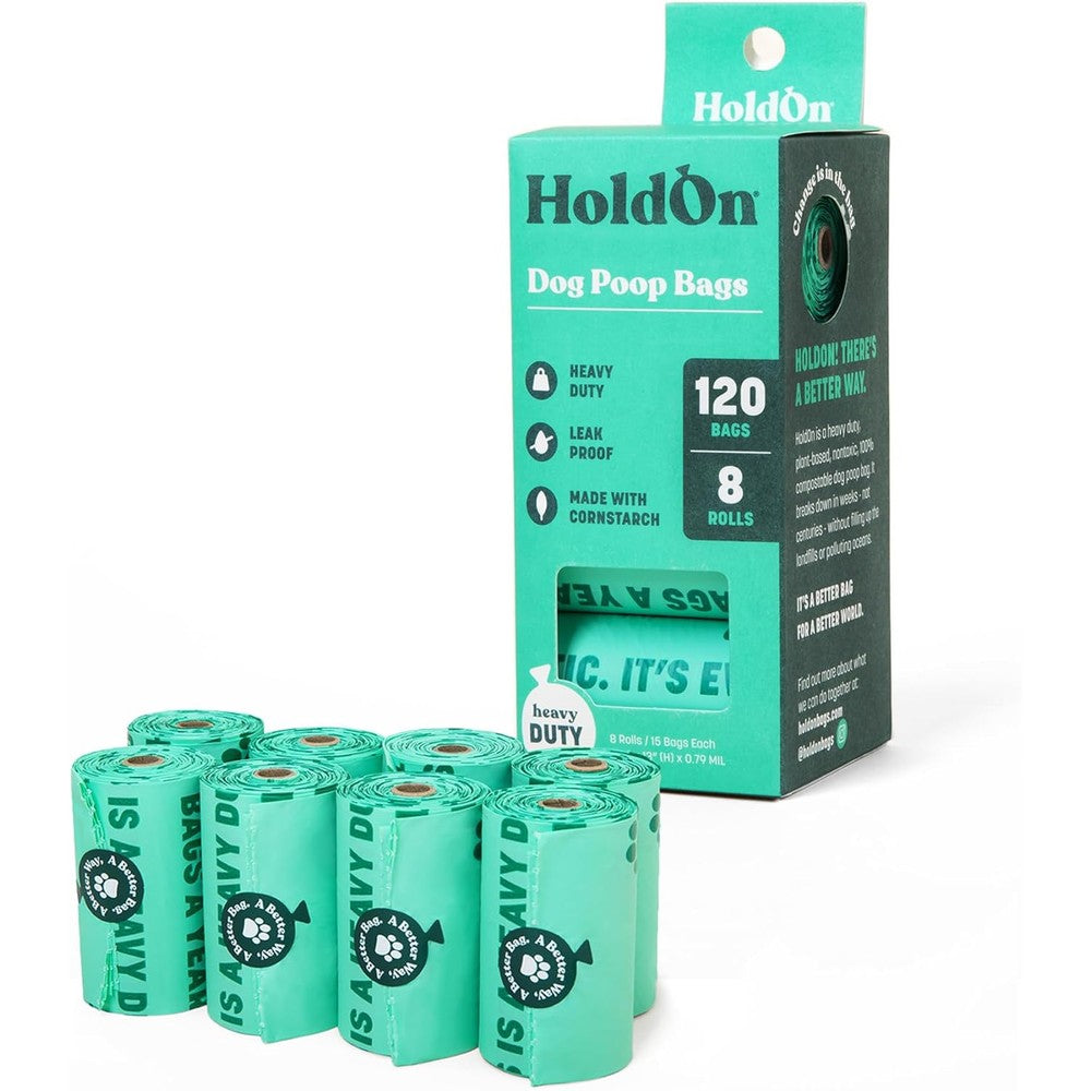 HoldOn Compostable Pet Waste Bags front view packaging box with authentic eco friendly dog poop bag rolls.