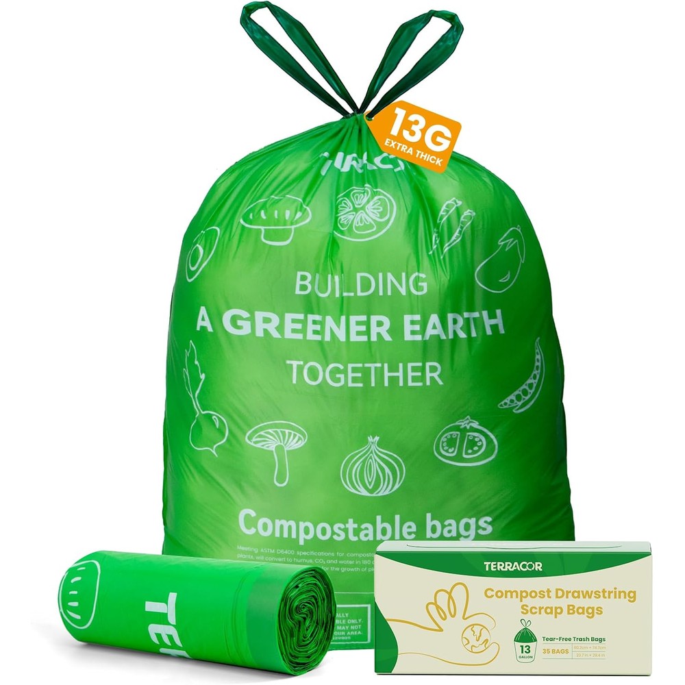 TERRACOR 13 Gallon Compostable Drawstring Trash Bags front packaging view highlighting heavy duty kitchen liners.