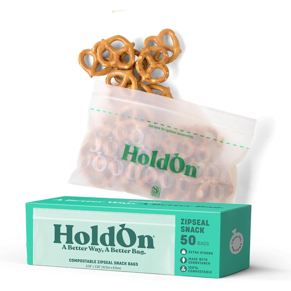 HoldOn Compostable Zipseal Snack Bags box front view showing eco friendly packaging.
