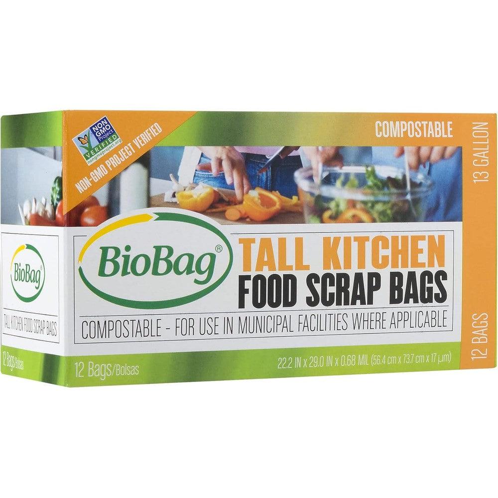 BioBag Compostable Tall 13 Gallon Food Waste Bags front view eco-friendly kitchen liners.