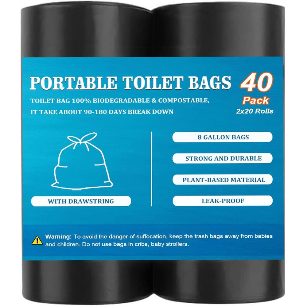 Taglumo portable toilet bags 40 count box front view showing biodegradable camping waste bags