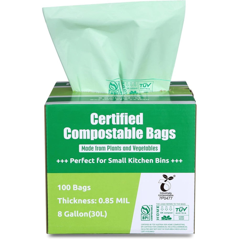 Primode 8 Gallon Compostable Bags front view 100 count box for kitchen waste.