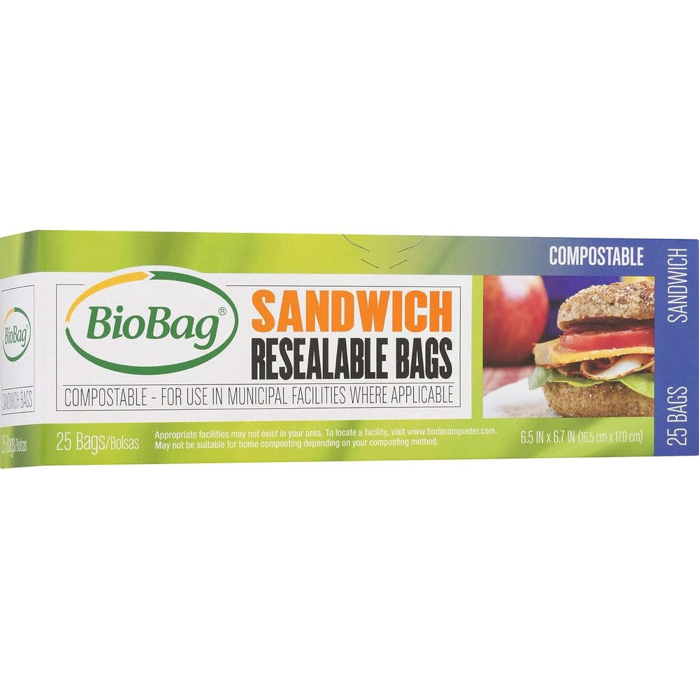 BioBag 100% Certified Compostable Resealable Sandwich Bags front view eco-friendly food storage.