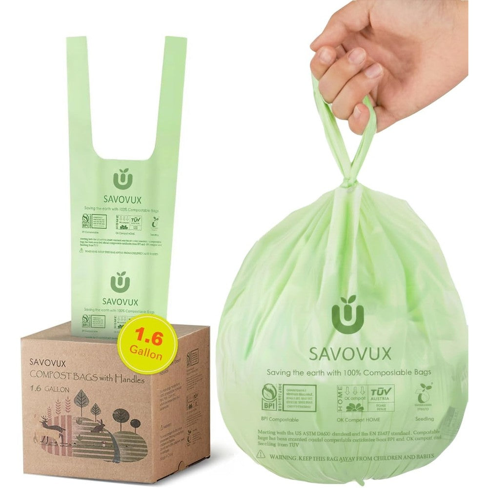 SAVOVUX 1.6 Gallon Compostable Bags package front view showing green plant based product branding