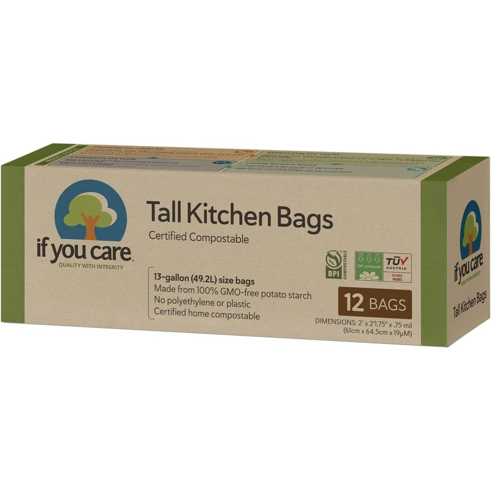 If You Care Tall Kitchen Bags front view 12 count pack of compostable trash liners.