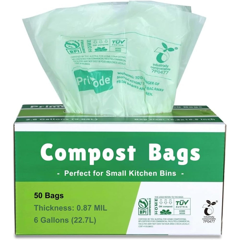Primode Compostable Bags 6 Gallon 50 Count front view eco-friendly trash liners