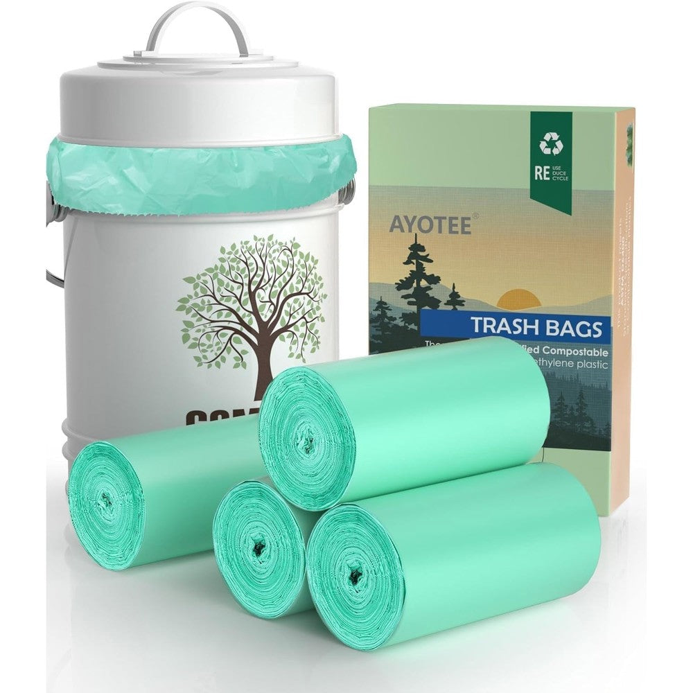 AYOTEE 100% Compostable Trash Bags front view of green biodegradable liners.
