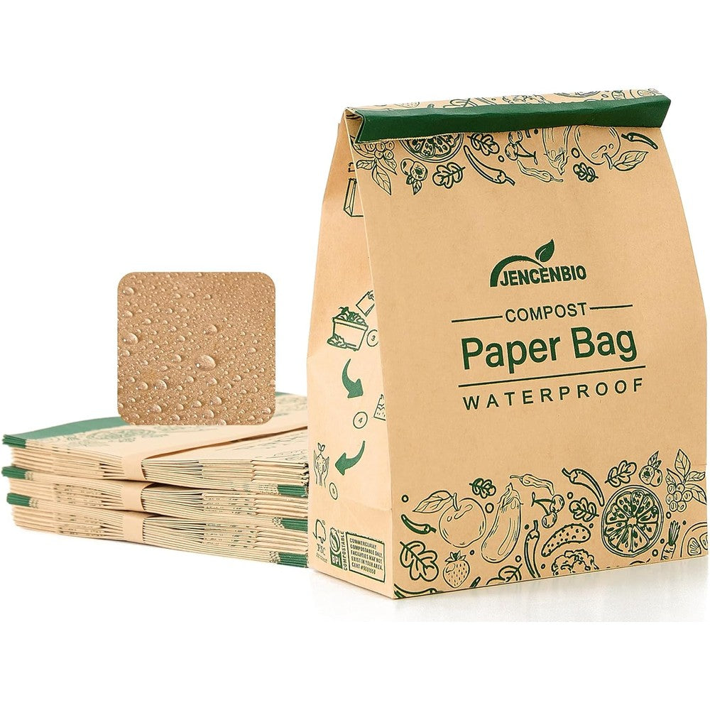 JENCENBIO compostable paper bag front view standing upright on a kitchen counter showing leakproof design.