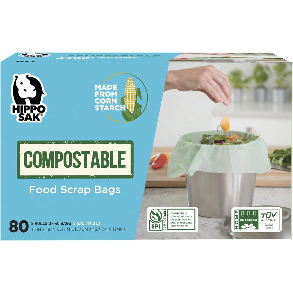 Hippo Sak Compostable Small Food Scrap Bags front view of 80 count pack for eco-friendly kitchen waste management.