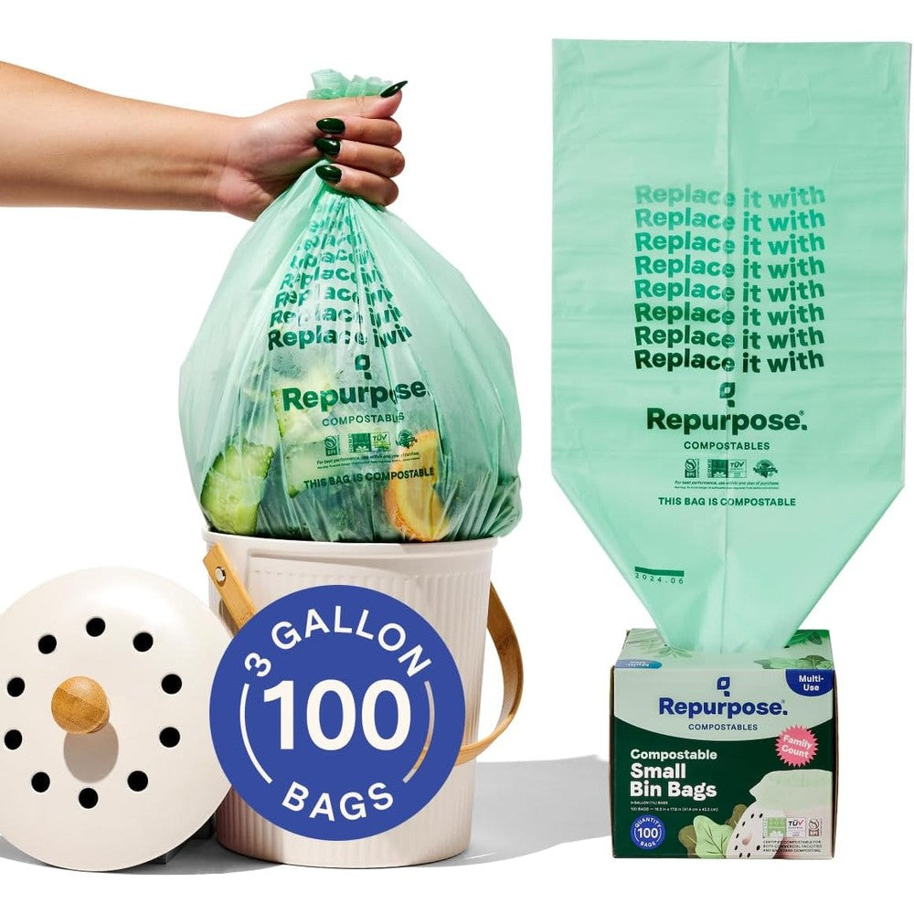 Repurpose Compostables 3 Gallon Compostable Small Bin Trash Bags front view of the 100 pack eco friendly packaging.
