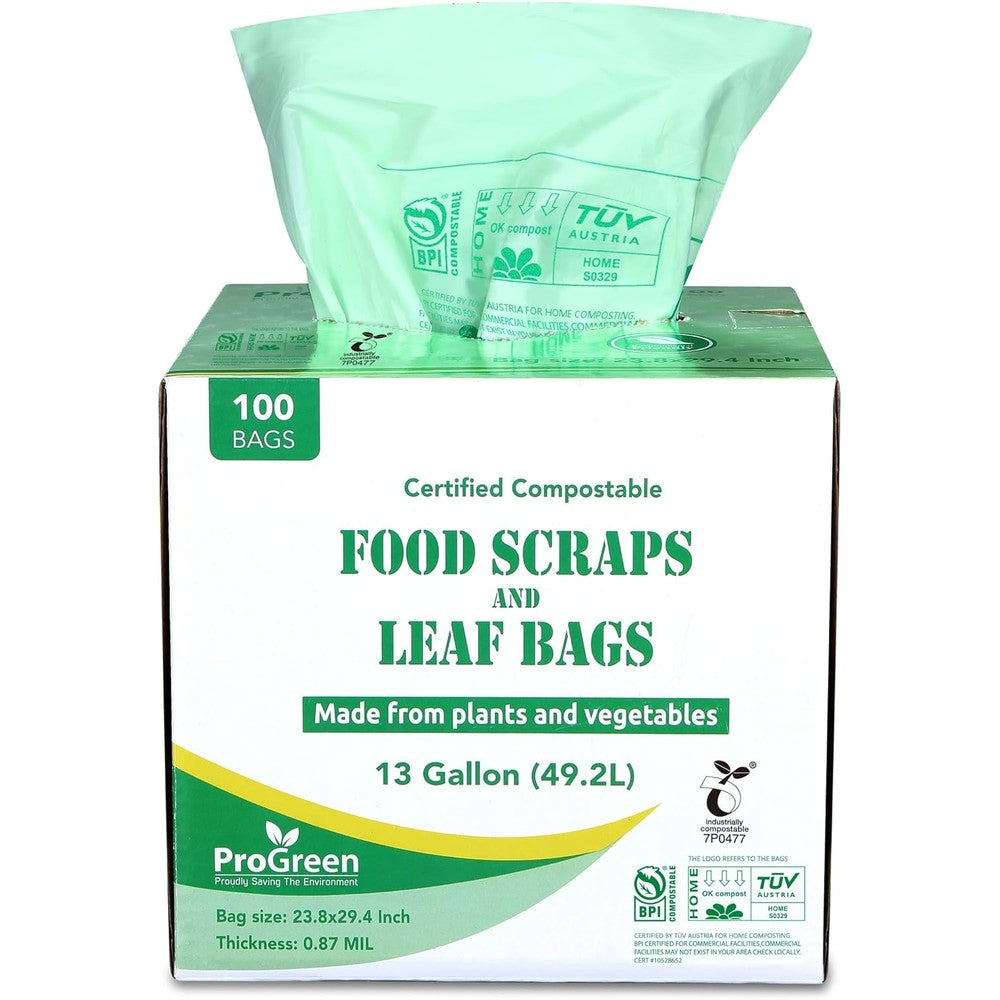ProGreen 13 Gallon Compostable Trash Bags front view for sustainable waste management.