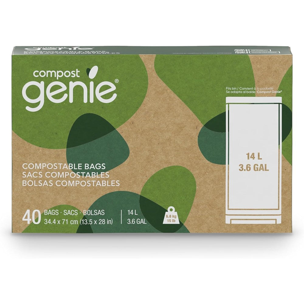 Compost Genie Three Point Six Gallon Compostable Bags Forty Count box front view showcasing certified eco friendly plant based kitchen food waste liners.