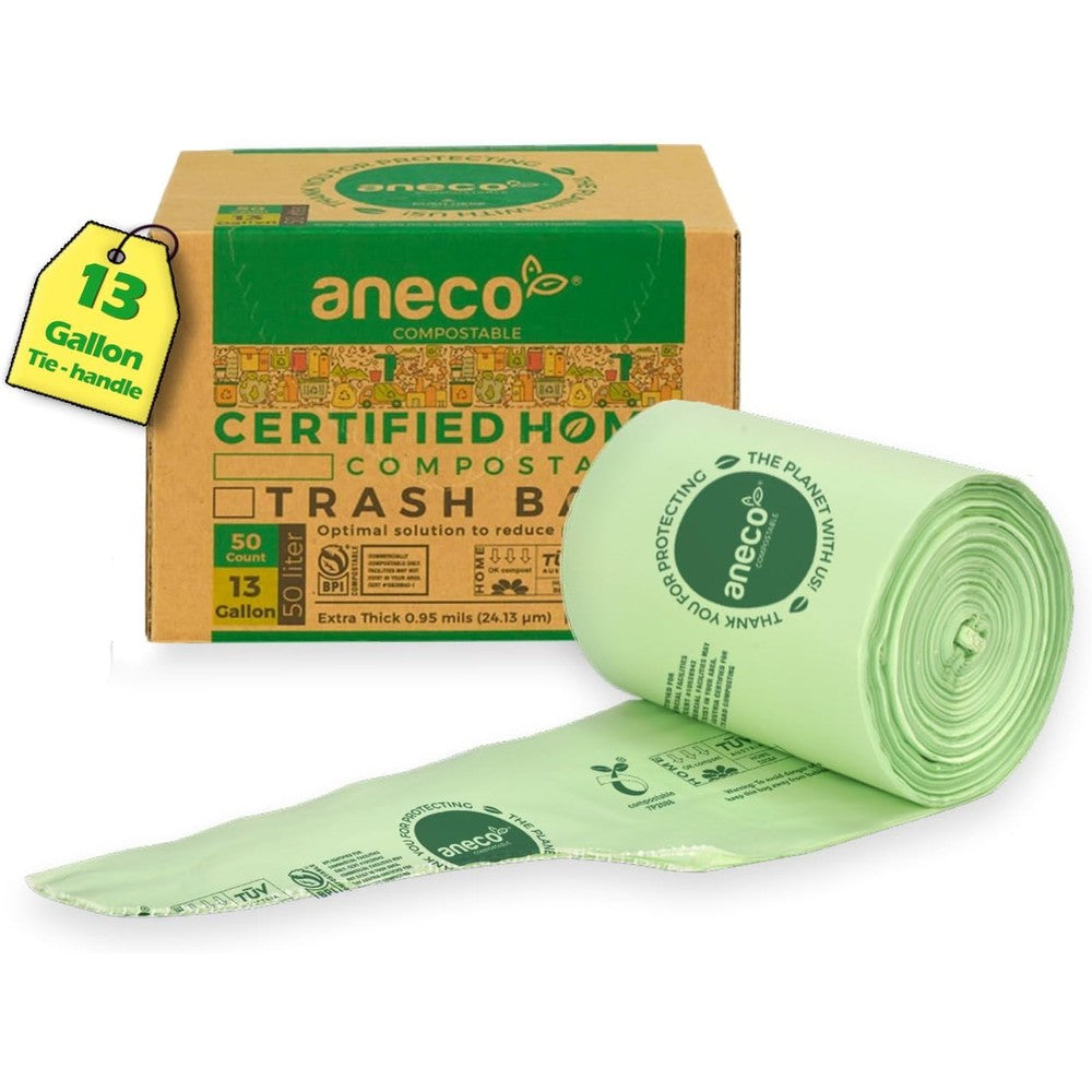 Aneco Compostable Food Waste Bags 13 Gallon pack front view biodegradable kitchen liners.