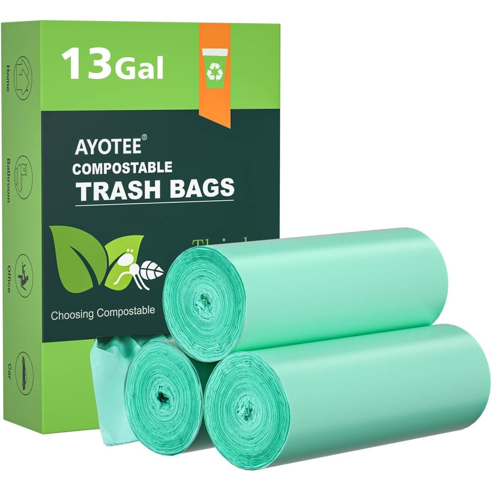 AYOTEE 100 Percent Compostable Trash Bags 13 Gallon green color box packaging front view showing certification logos.