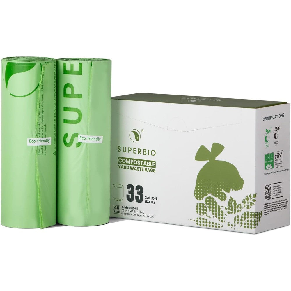 SuperBio 33 Gallon Compostable Yard Waste Bags front view eco-friendly garbage liners.