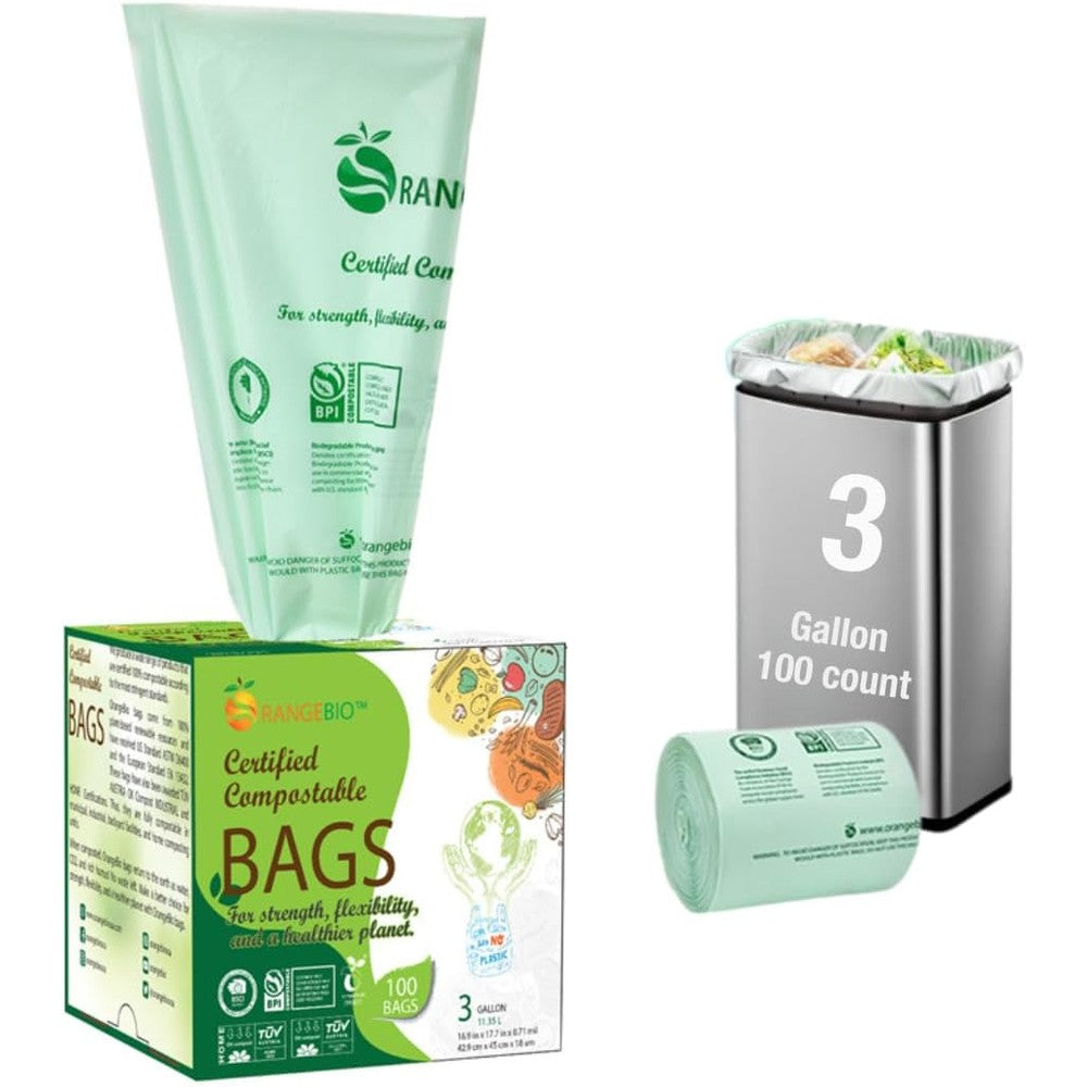 OrangeBio 3 Gallon Compostable Trash Bags front view of 100 count box for biodegradable waste.