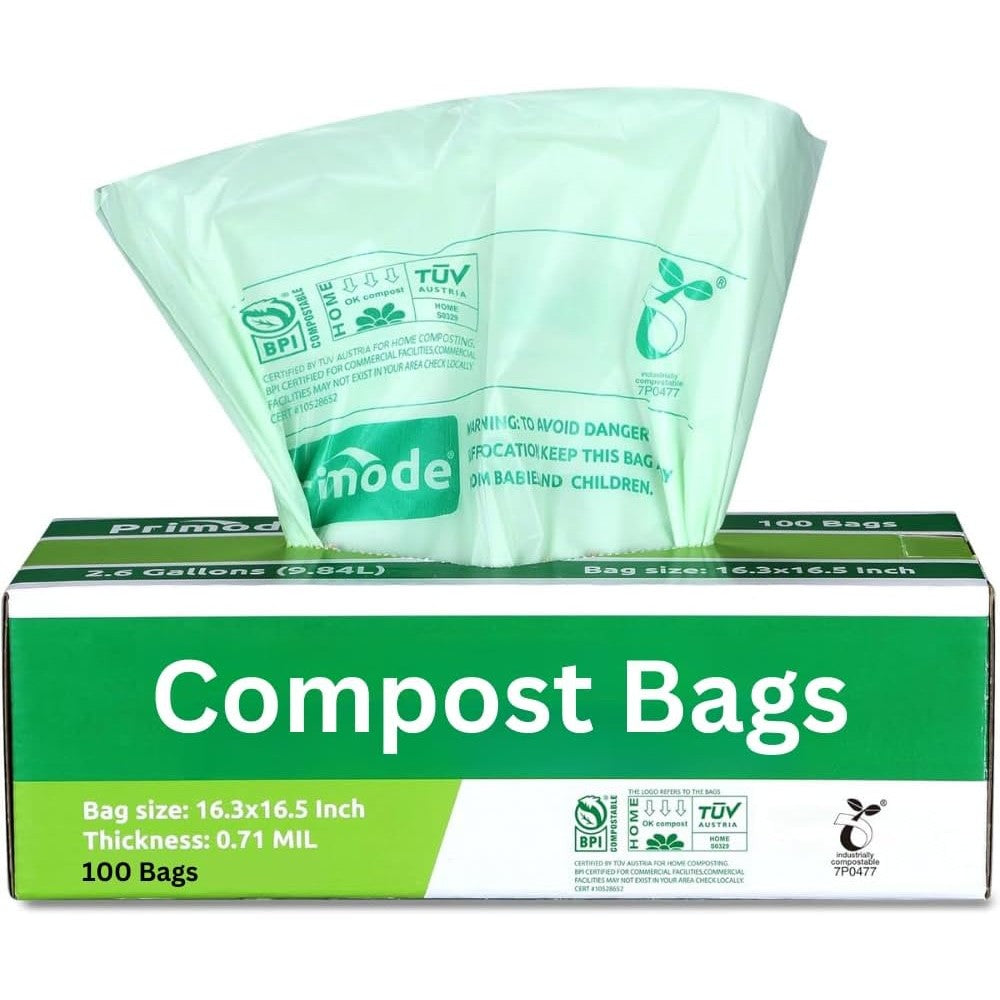 Primode Compostable Trash Bags 100 count front view of eco-friendly green bags.