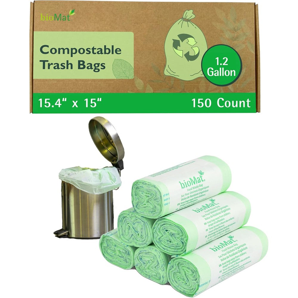 bioMat 1.2 Gallon Compostable Food Scrap Bags 150 Count box front view for kitchen composting.