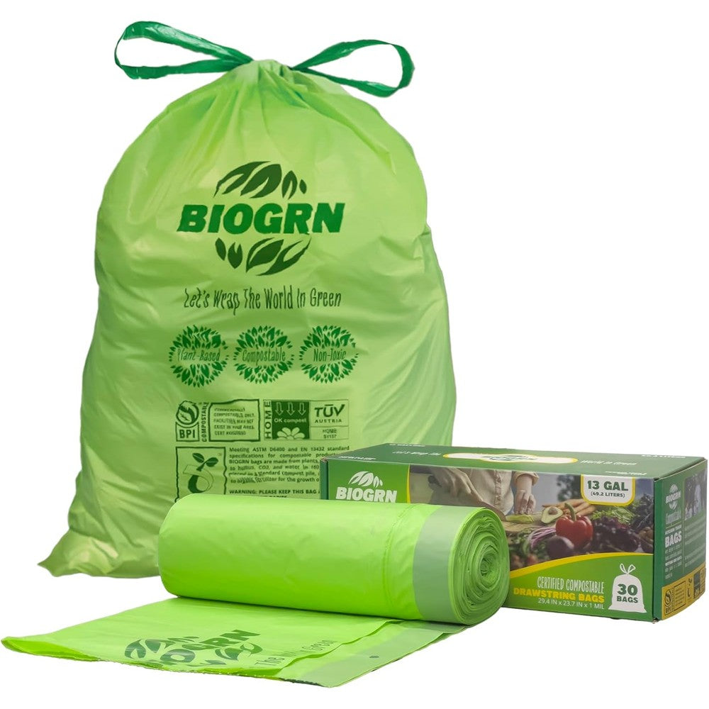 BIOGRN compostable drawstring trash bags 30 count roll front view