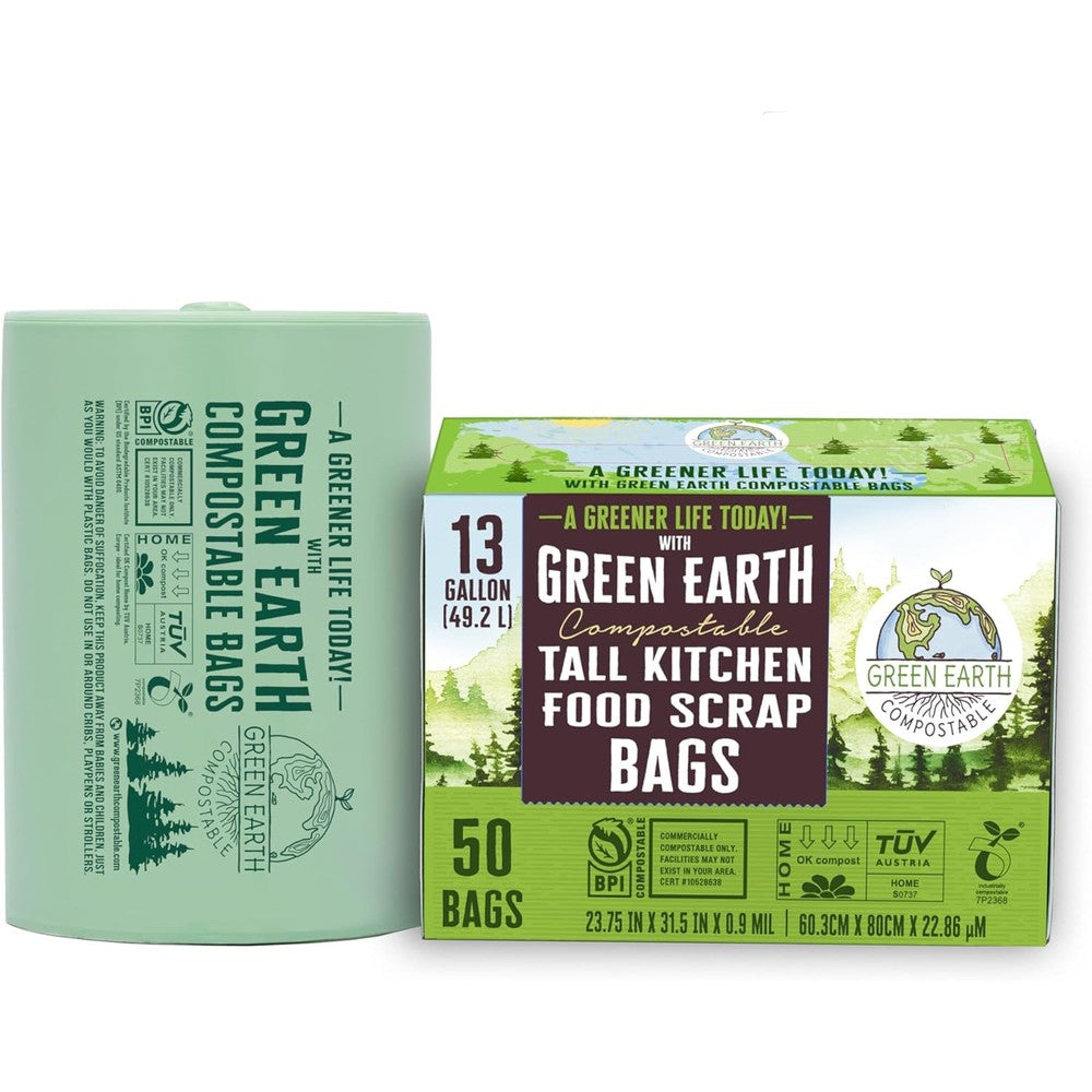 Green Earth Compostable 13 Gallon Tall Kitchen Trash Bags front view box for eco-friendly waste management.