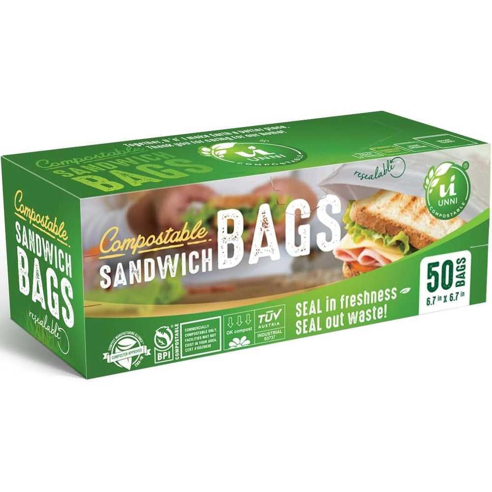 UNNI Compostable Sandwich Bags 50 Count pack front view eco-friendly food storage