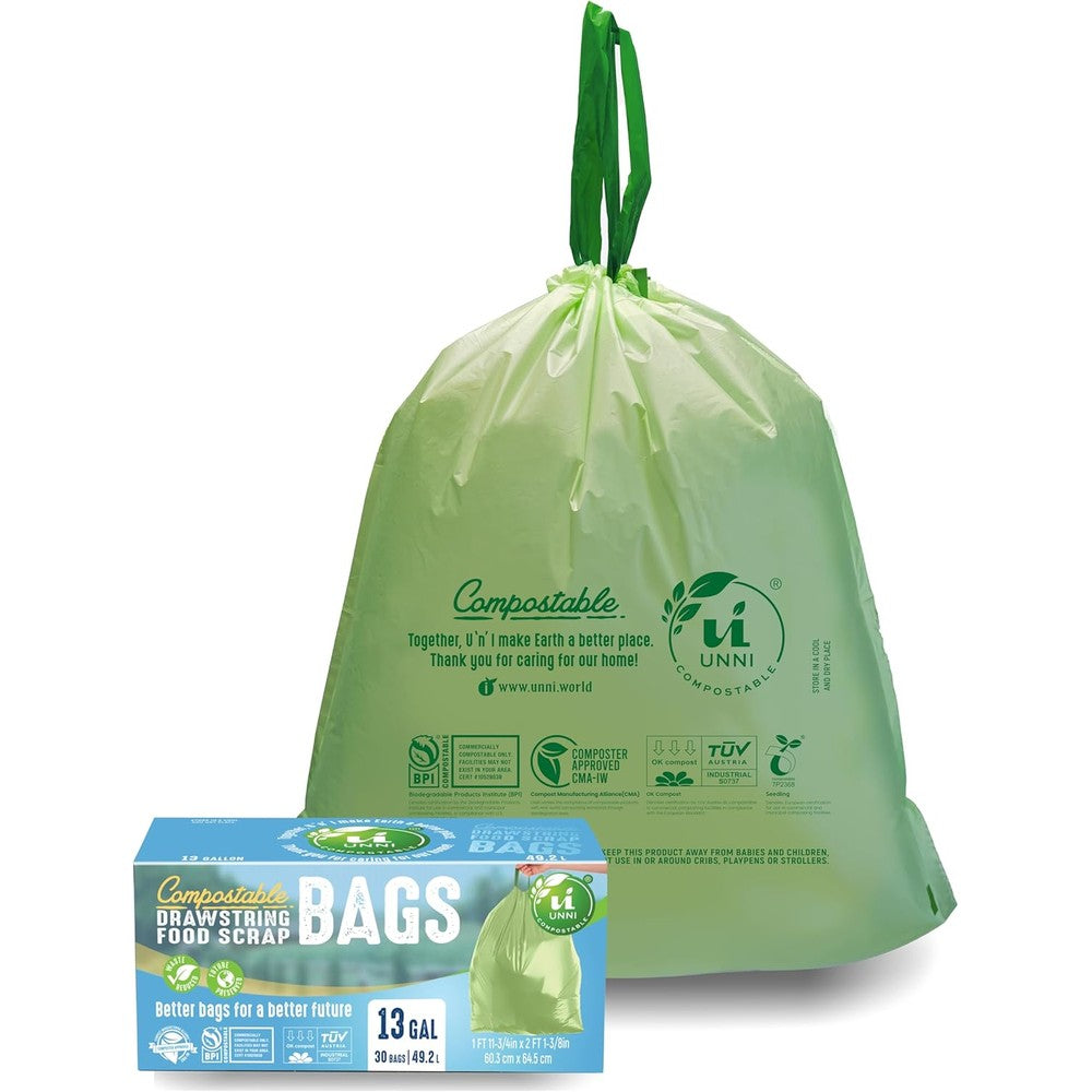 UNNI Compostable Drawstring Bags 13 Gallon front view eco-friendly kitchen trash bags