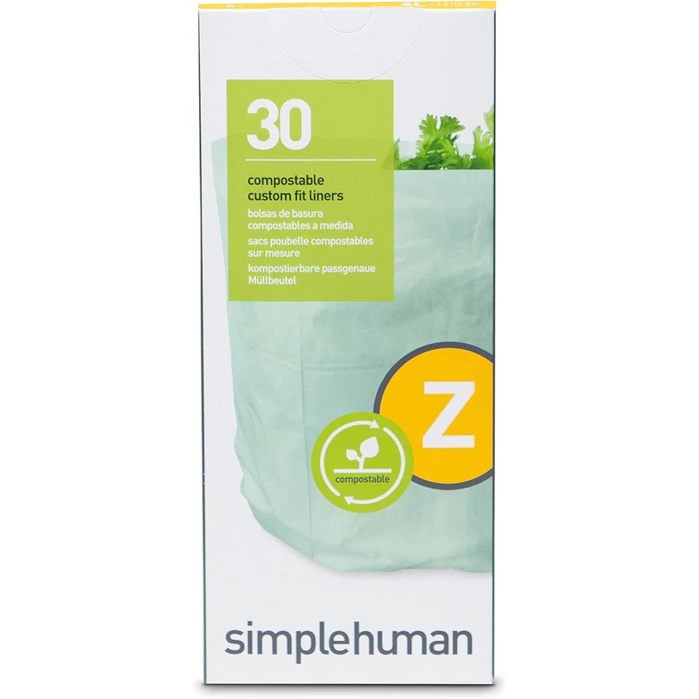Simplehuman Code Z 30 Count Compostable Custom Fit Liners front view packaging.