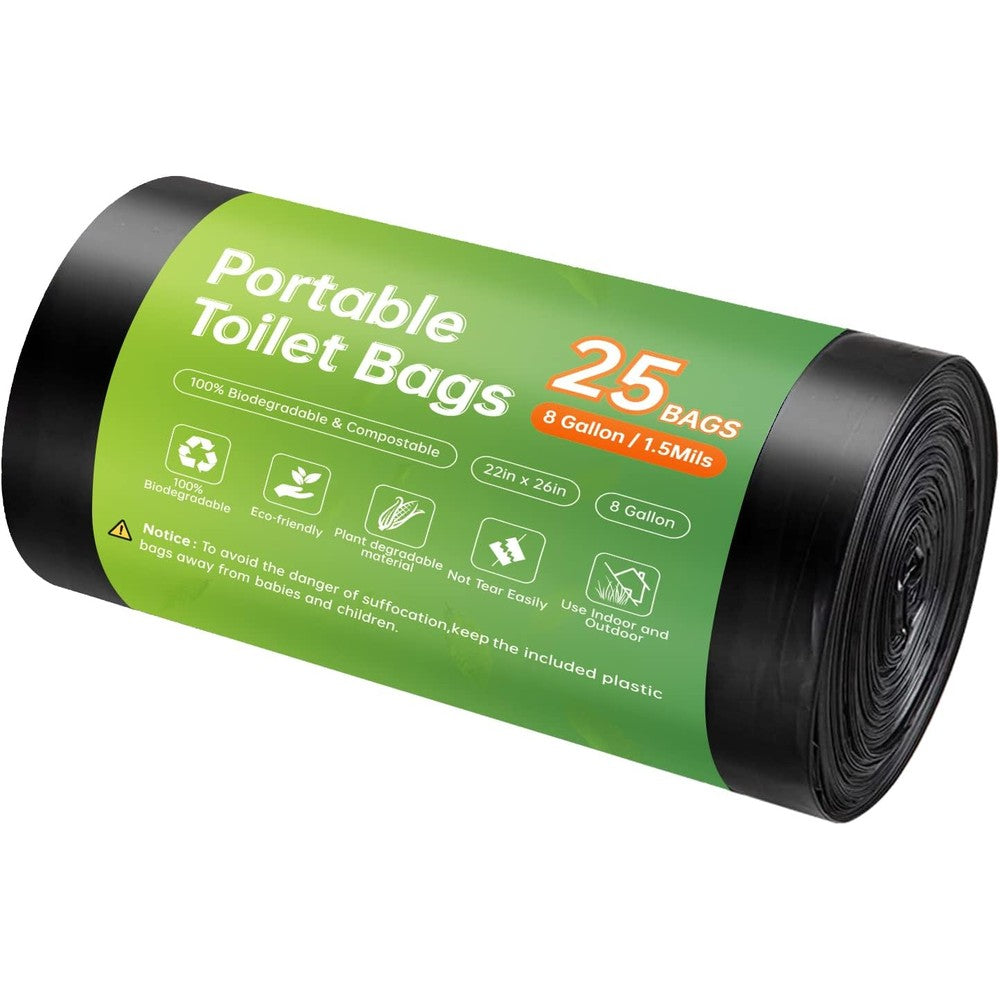 Winmoom Portable Camping Toilet Replacement Bags 25 Count front view showing eco-friendly biodegradable packaging