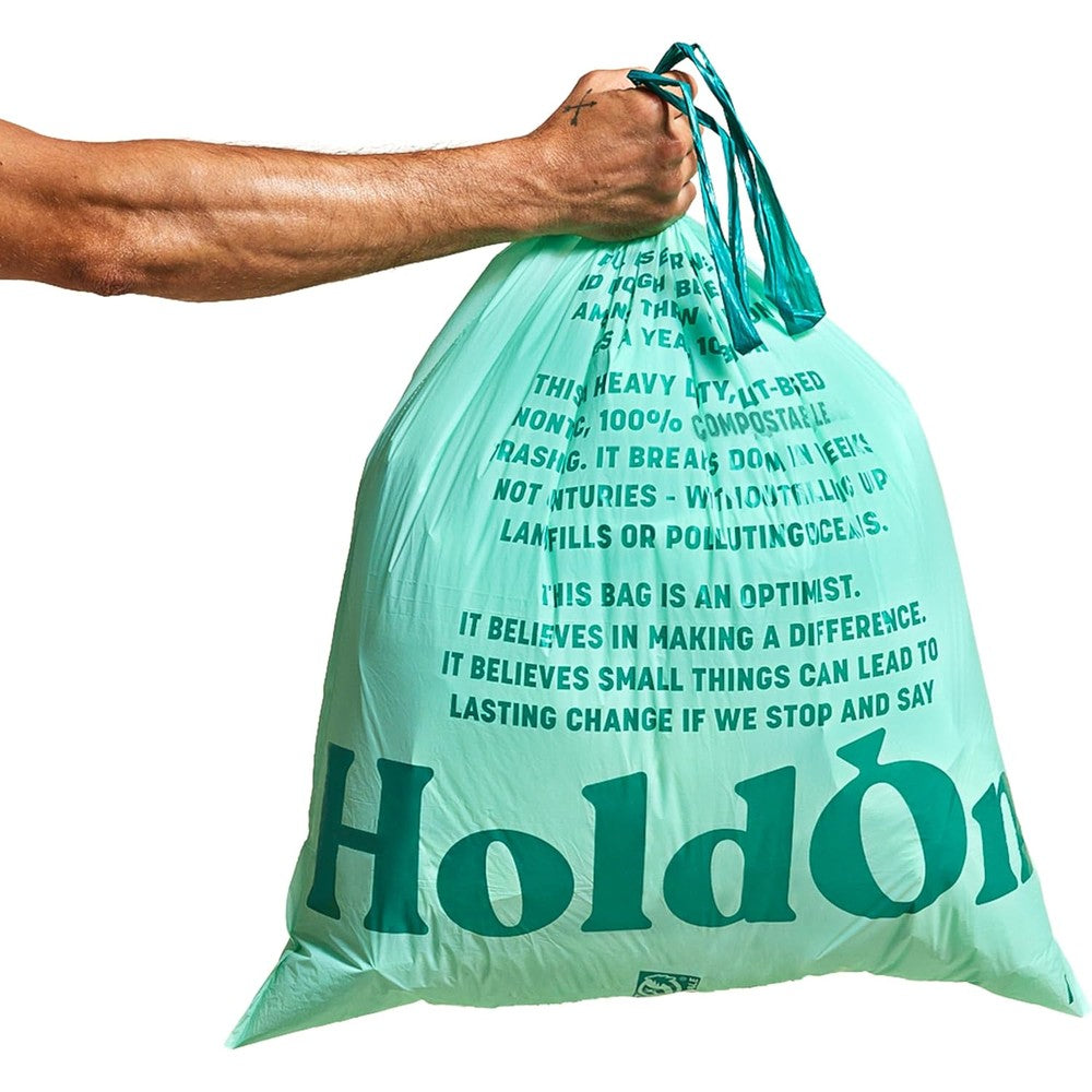 HoldOn 13 Gallon Plant-Based Compostable Trash Bags front view for eco-friendly kitchen waste management.