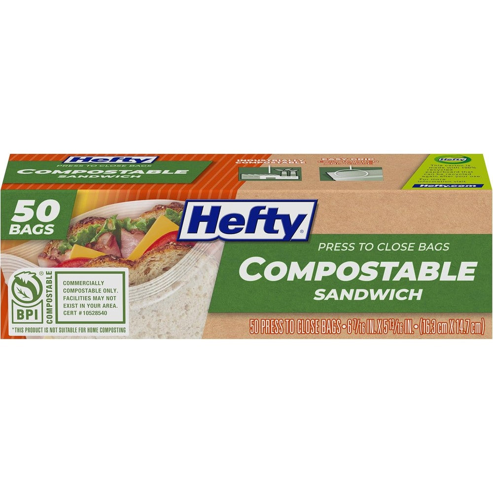 Hefty Compostable Press To Close Sandwich Bags 50 Count front view box packaging showing eco friendly food storage bags.