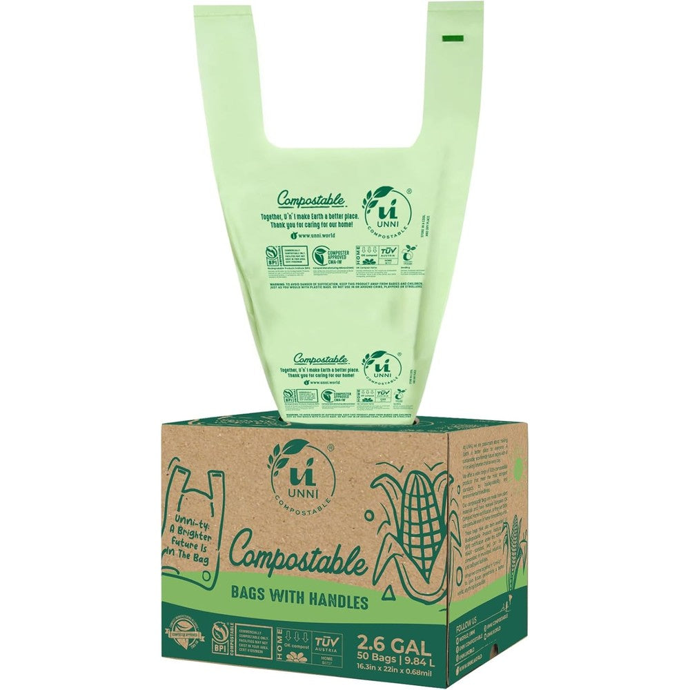 UNNI Compostable T-Shirt Bags front view of 50 count box for eco-friendly kitchen waste.