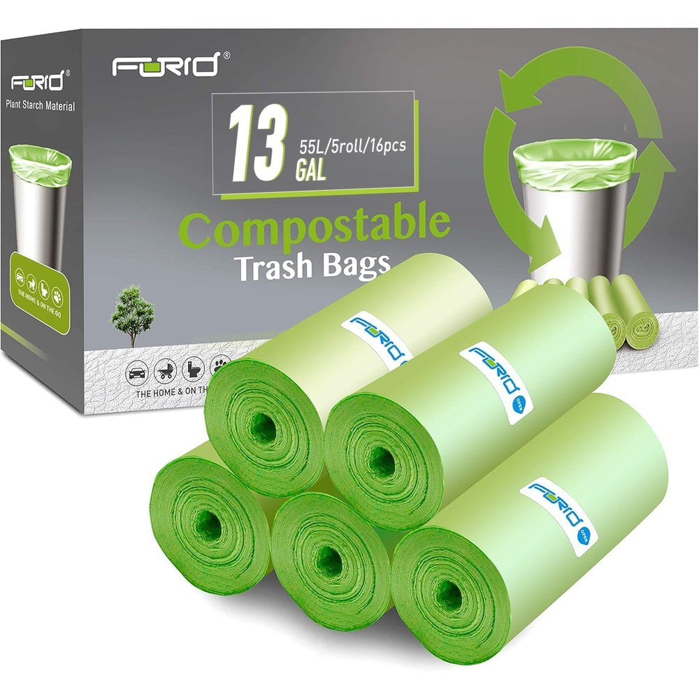 FORID 13 Gallon Compostable Trash Bags front view of green roll packaging.
