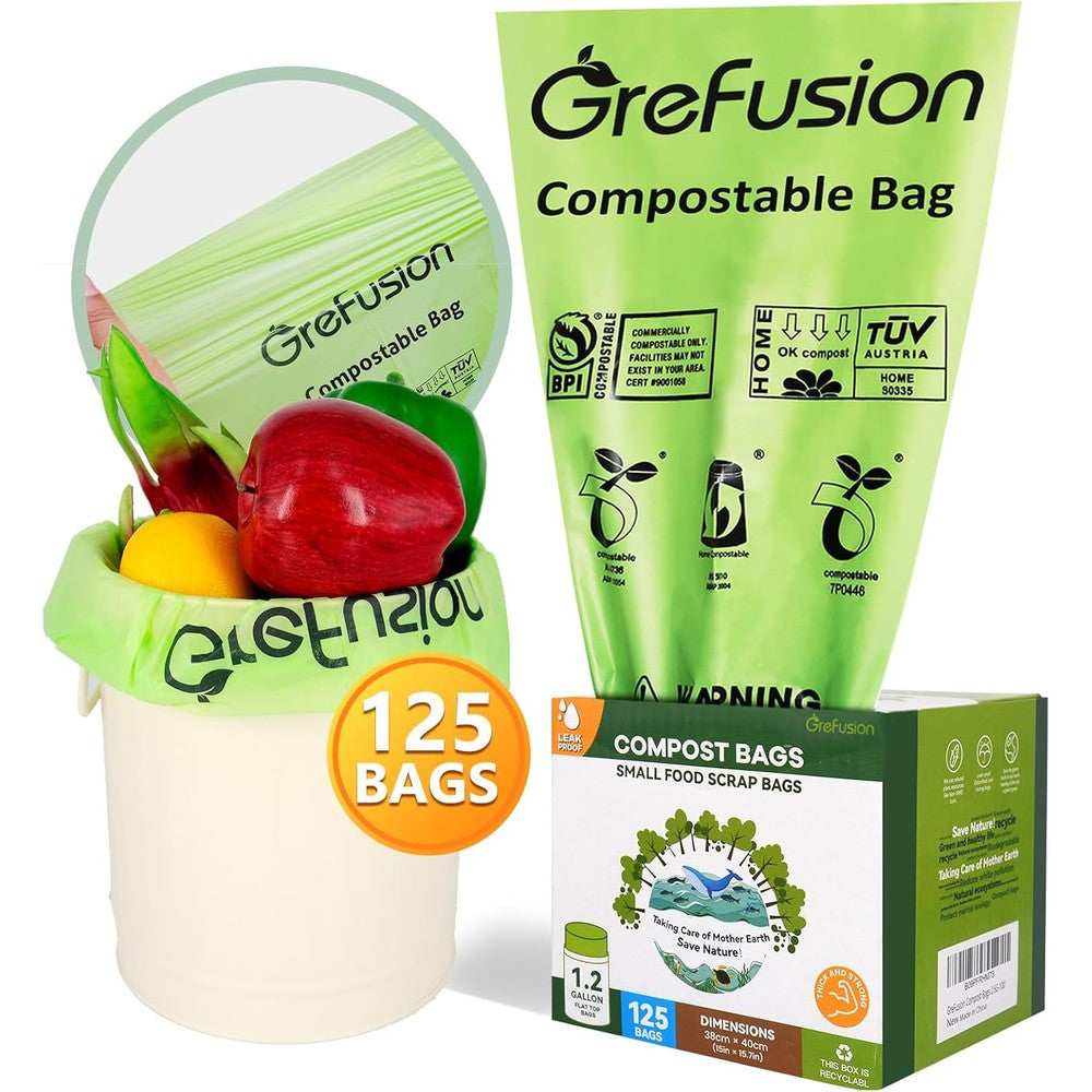GreFusion Compostable Kitchen Trash Bags 125 Count front view of eco-friendly green liners.