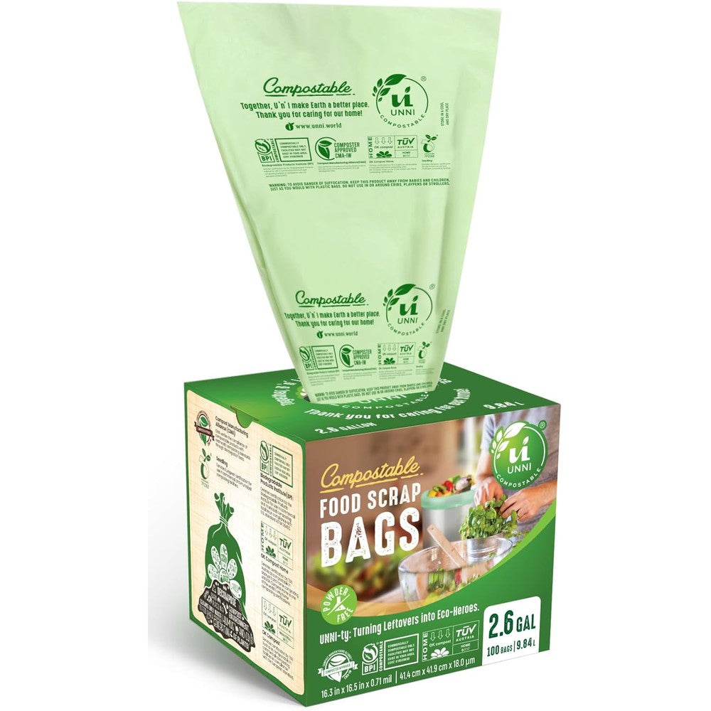UNNI Compostable Trash Bags 100 count roll front view for eco-friendly kitchen waste management.