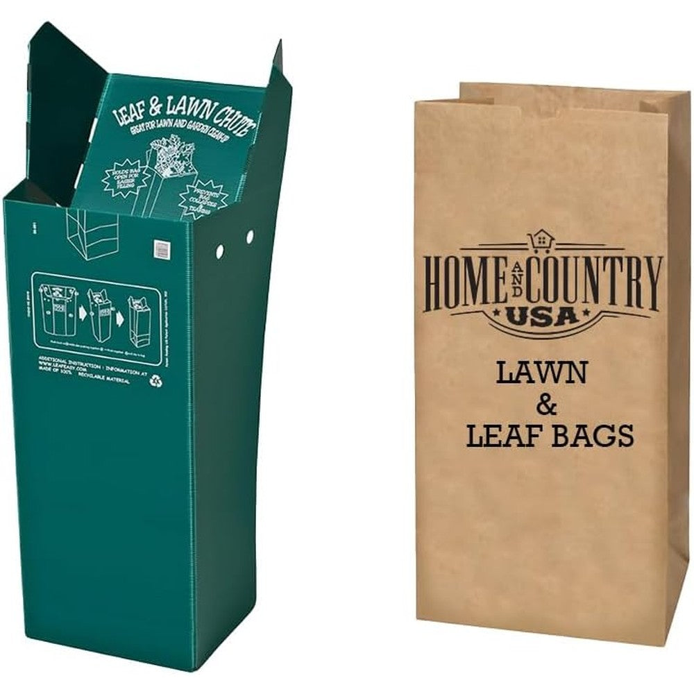 Lowe's Leaf and Lawn Chute with thirty gallon paper bags front view garden cleanup kit.