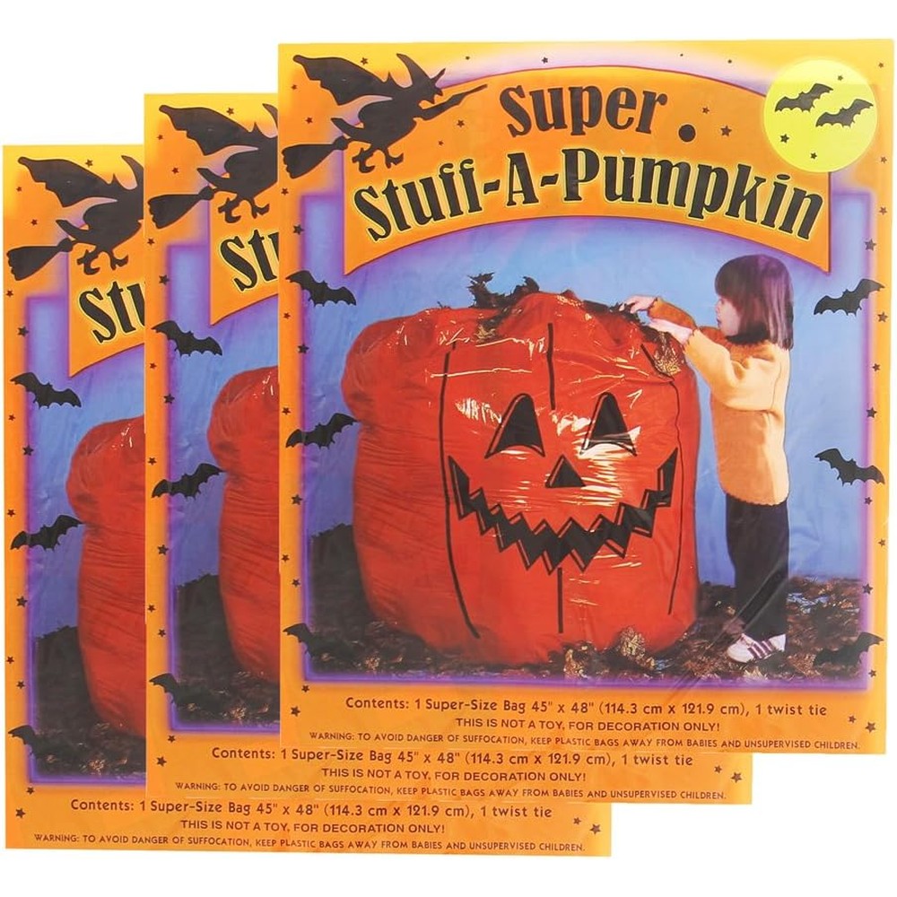 Sheerlund Products Super Stuff A Pumpkin Leaf Bags front view showcasing festive jack-o'-lantern design filled with leaves on a green lawn.