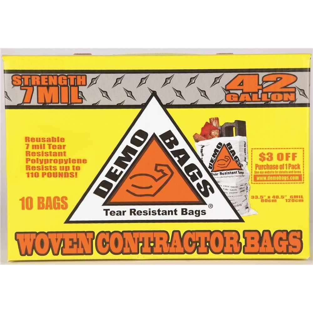 Demo Bags 42 Gallon Contractor Trash Bag 10 Pack front view heavy duty demolition bags