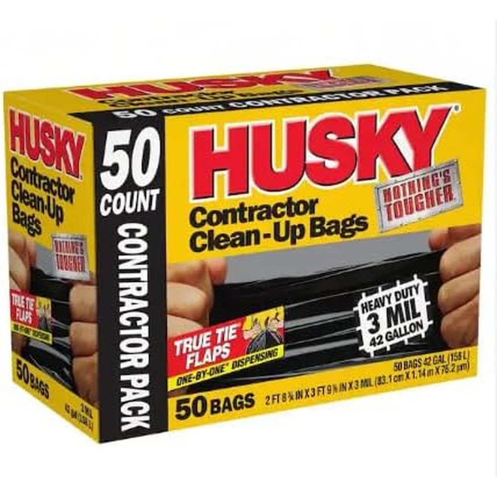 Husky heavy duty contractor trash bags front view box for construction cleanup